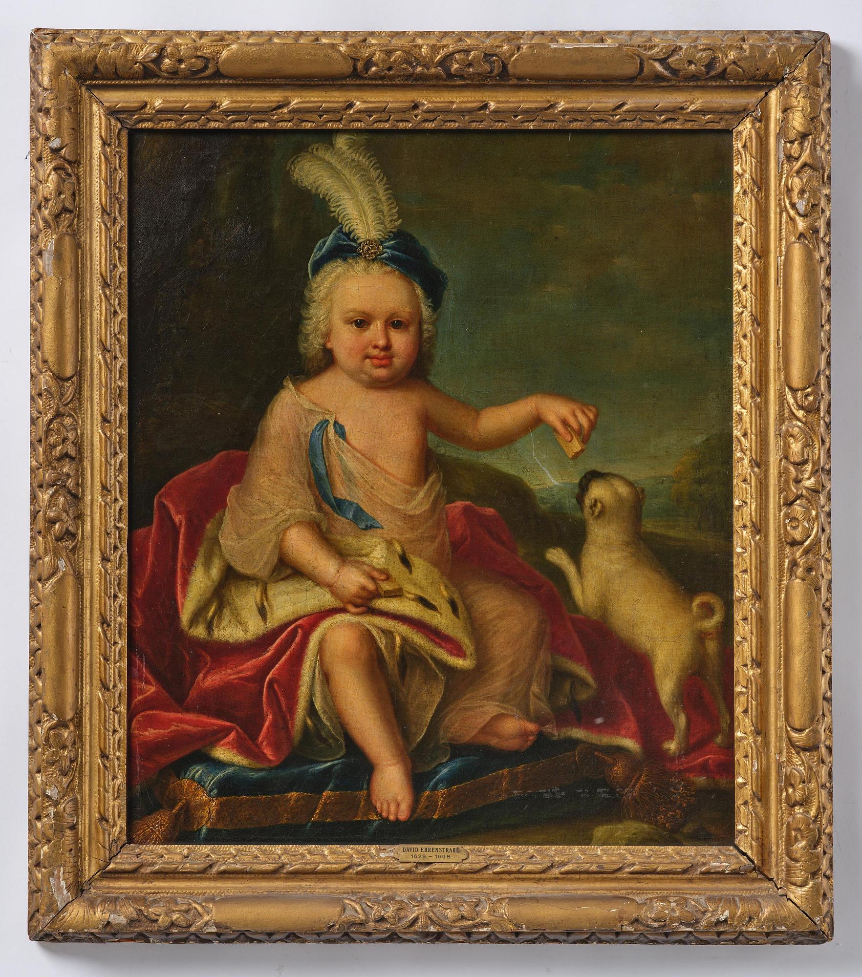 Nicolaes Maes, hans krets, Porträtt av en pojke i hermelinfodrad mantel och mops.
