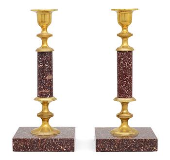 650. A pair of Swedish late 19th century porphyry candlesticks.