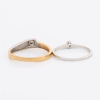 2 rings and 1 pendant 18K gold, brilliant-cut diamonds and 1 aquamarine ca 7 mm, chain metal.