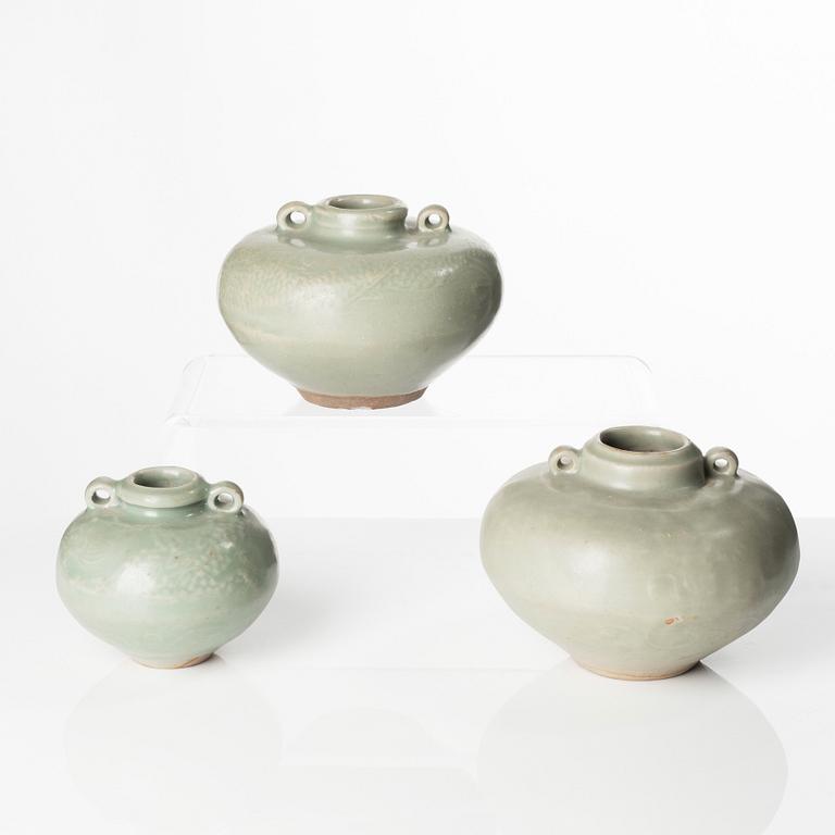 A group of three celadon glazed pots for the South East Asian market, 15/16th Century.