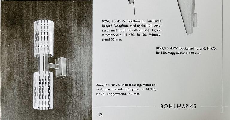 Harald Notini, a pair of wall lamps model "8820", Arvid Böhlmarks Lampfabrik, Stockholm, 1940s-50s.