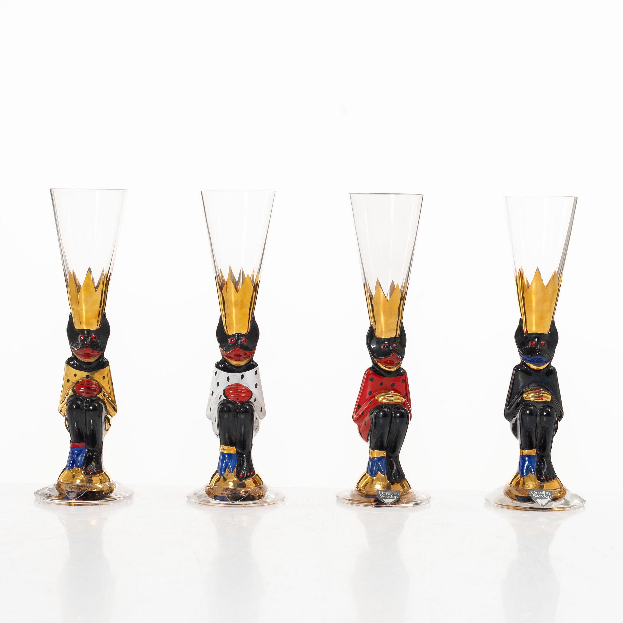 Gunnar Cyrén, snapsglas, 8 st, sk djävulsglas, ur Nobel-servisen, Orrefors.