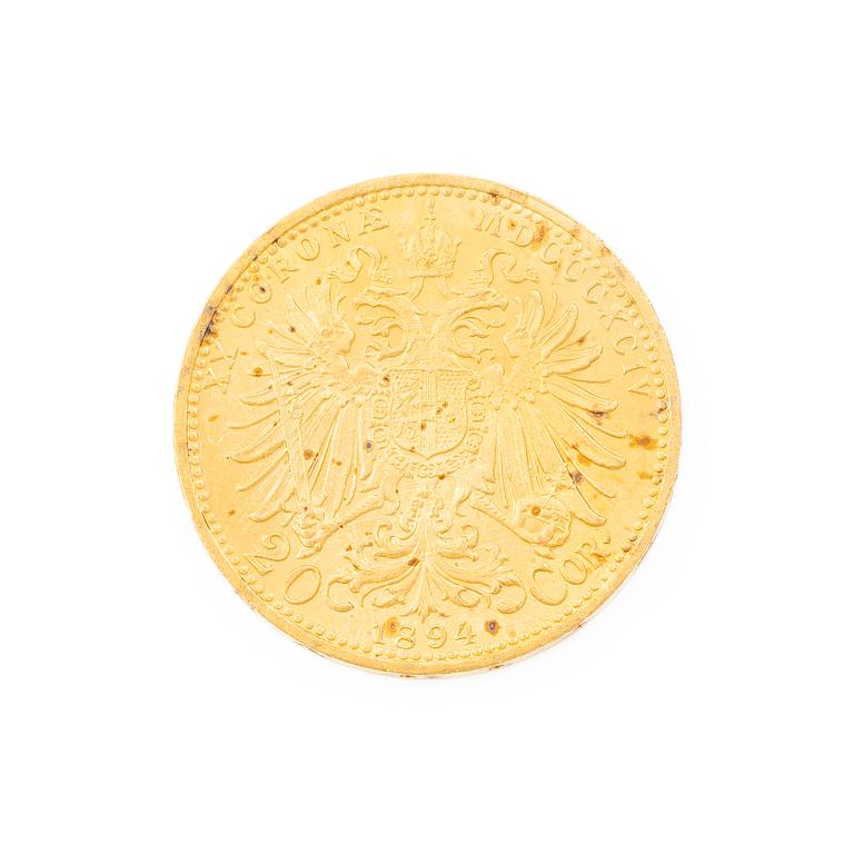 Guldmynt, Österrike-Ungern, 20 Corona, 1894.