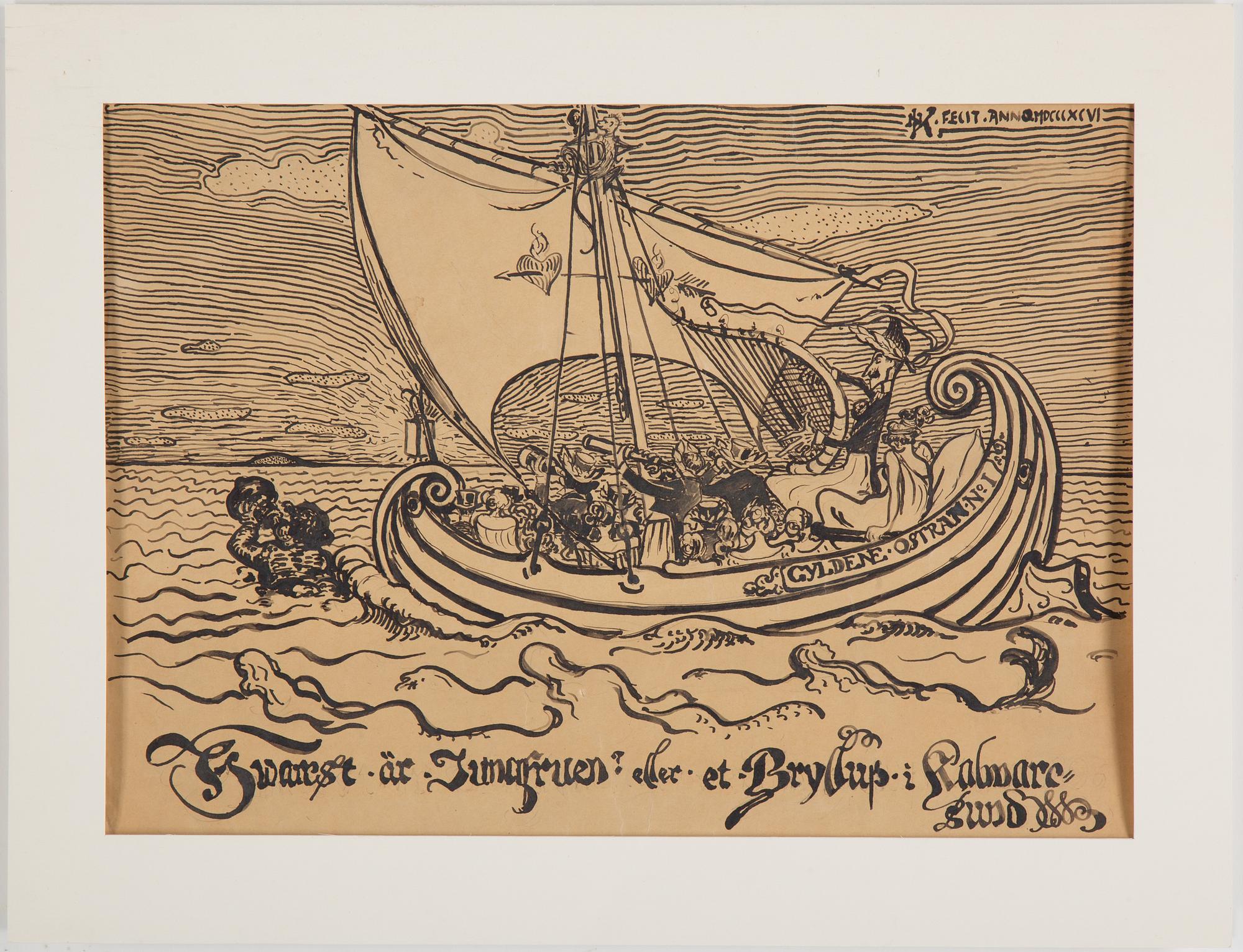 NILS KREUGER, indian ink on paper, signed NK with monogram and dated 1896 with roman numerals.