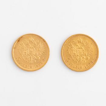 Two russian goldcoins 5 Rubles, 1898 & 1899.