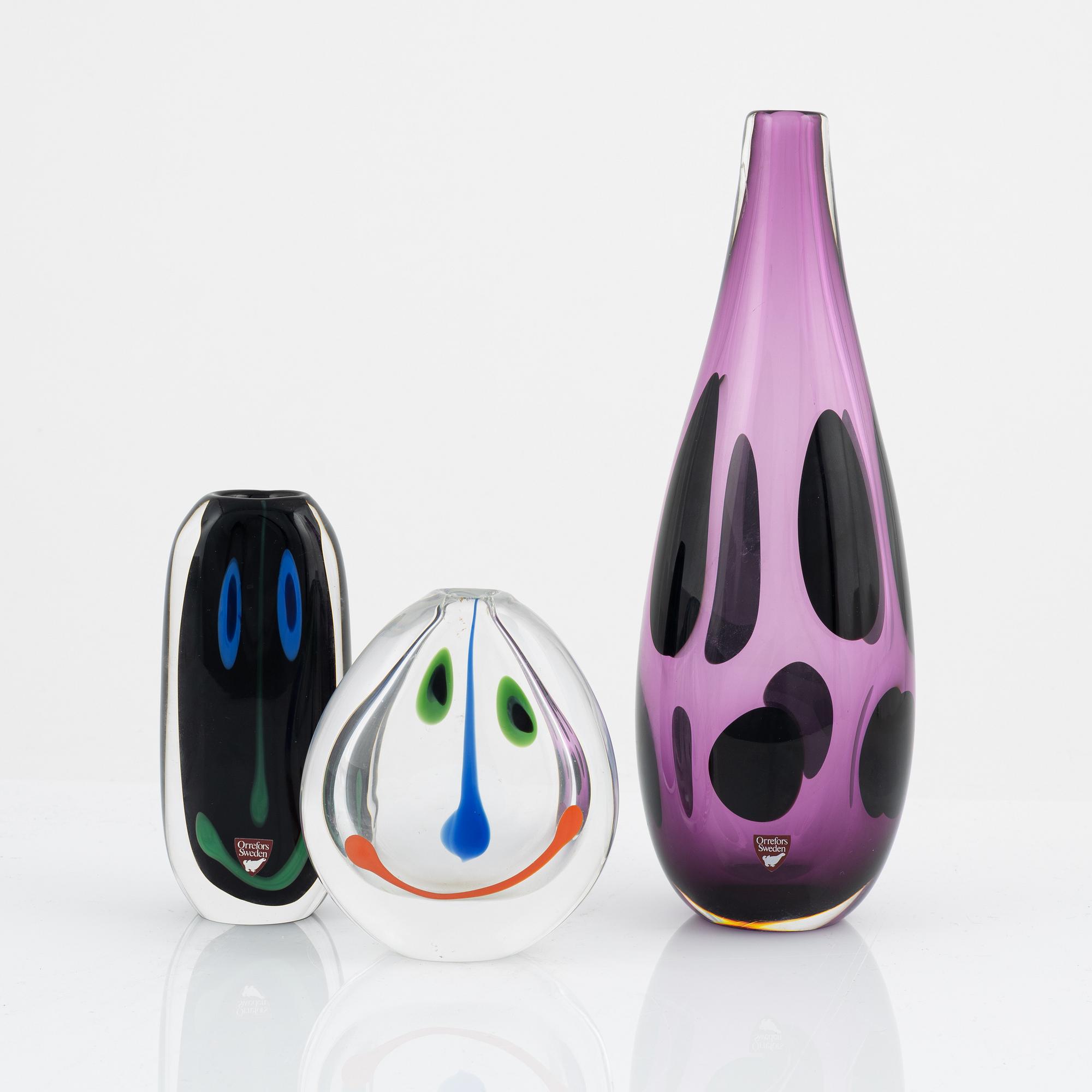 Anne Nilsson, a group of three glass vases, Orrefors.