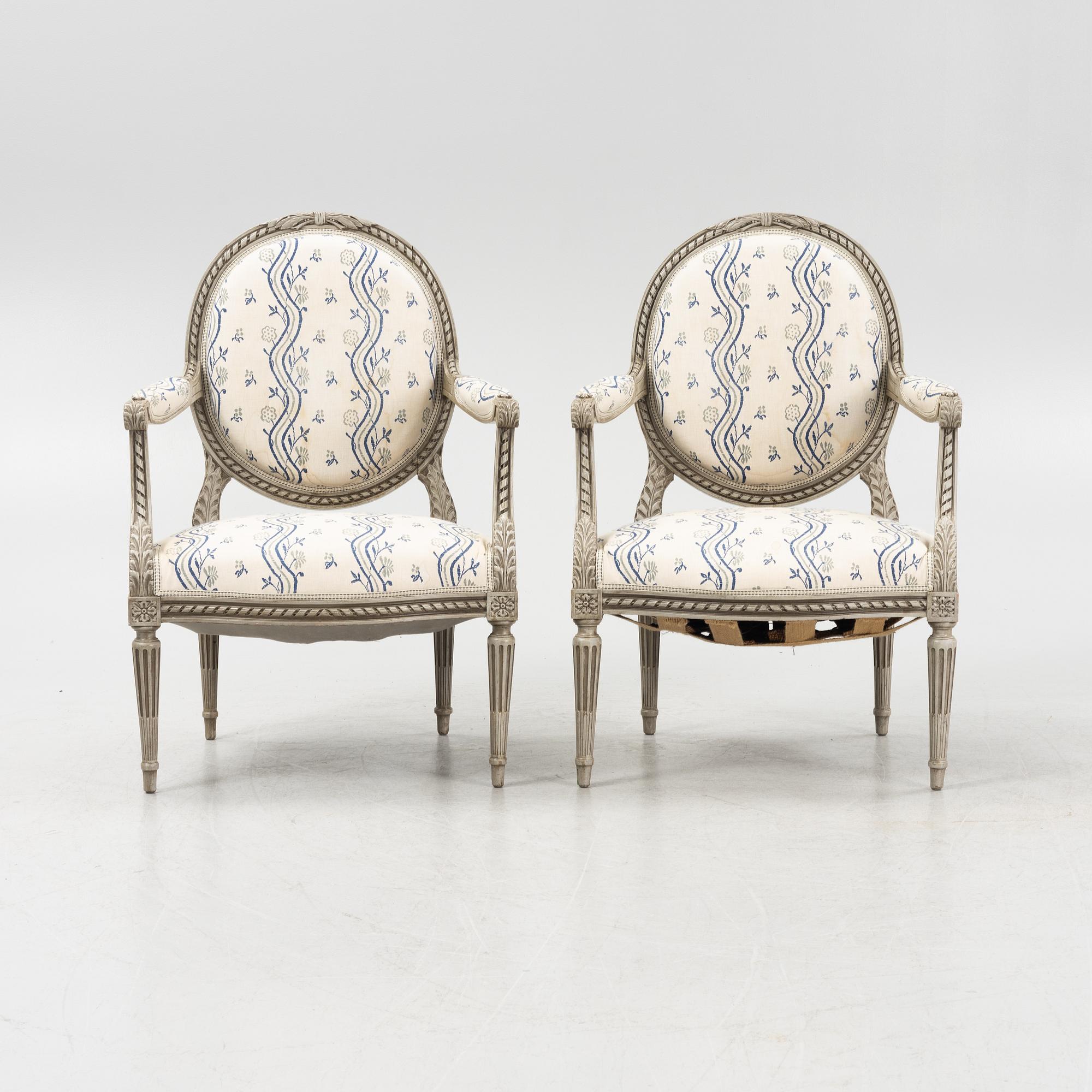 A pair of Gustavian style armchairs, 20th century.