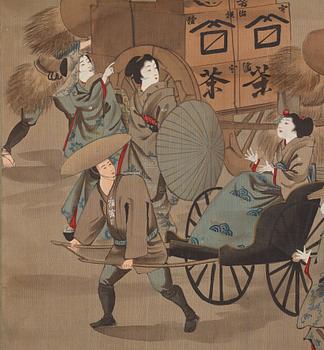 RULLMÅLNINGAR, sex stycken, tusch och färg på papper. Japan, Meiji (1868-1912).