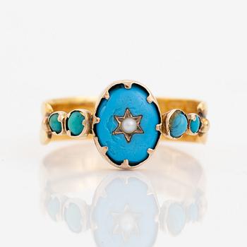 Ring, guld med turkoser och pärla.