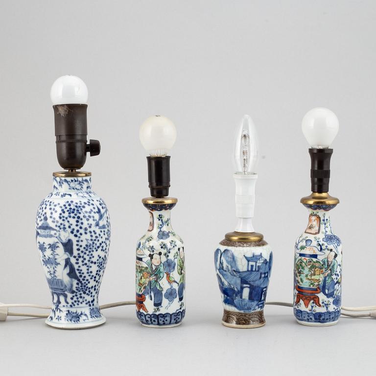 Four different vases, turned into table lamps, Qing dynasty, late 19th/early 20th century.