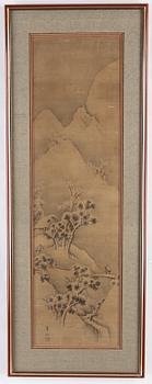 A Japanese kakemono, ink and colour on silk. Japan, signed Rosui, late 19th/early 20th century.