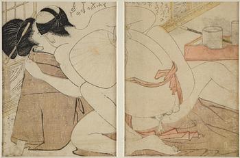 Oidentifierade konstnärer, färgträsnitt, shunga, albumblad, tre diptyker, Japan, 1800-tal.