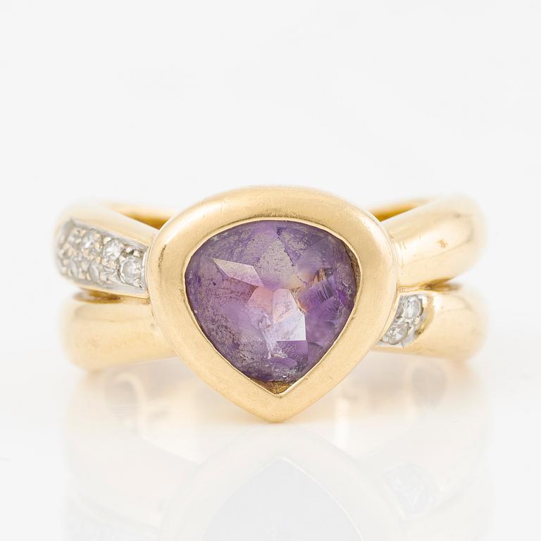 Ring och hängsmycke, 18K guld med ametister och åttkantslipade diamanter.