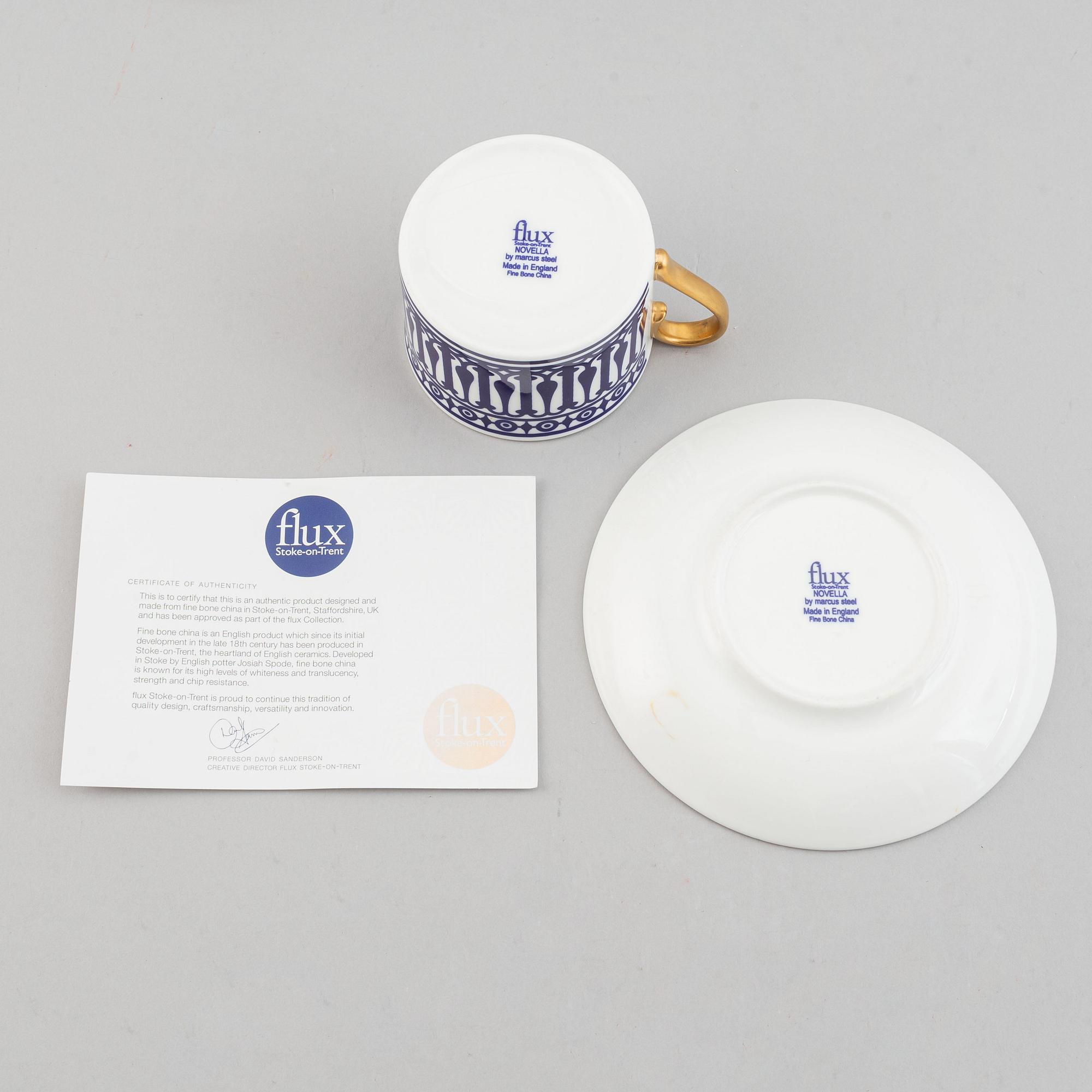 A 24 pcs bone china service from Flux Stoke on Trent, different motives and designers, designed in 2012. England.