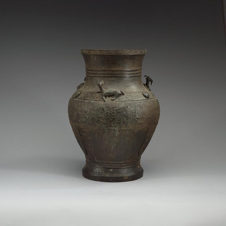 A large bronze vase, presumably late Ming dynasty (1368-1644).