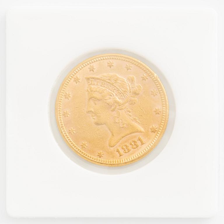Guldmynt, USA, 10 dollar, 1881.