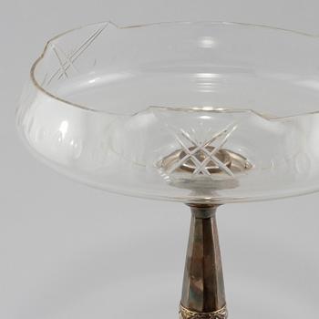 SKÅL PÅ FOT, nysilver och glas, omkring år 1900.