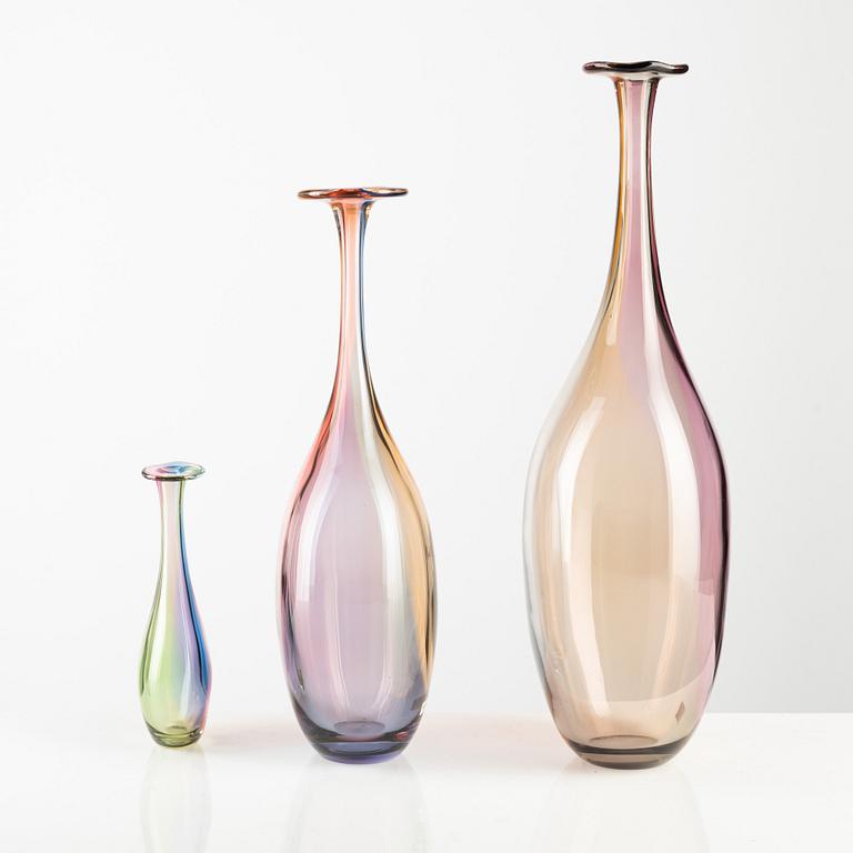 Kjell Engman, five "Fidji" glass vases, Kosta Boda, Sweden, two are limited edition.