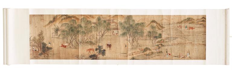 A handscroll of a vivid village scenery with farmers, playing children and water buffaloes, Qing dynasty, 19th Century.