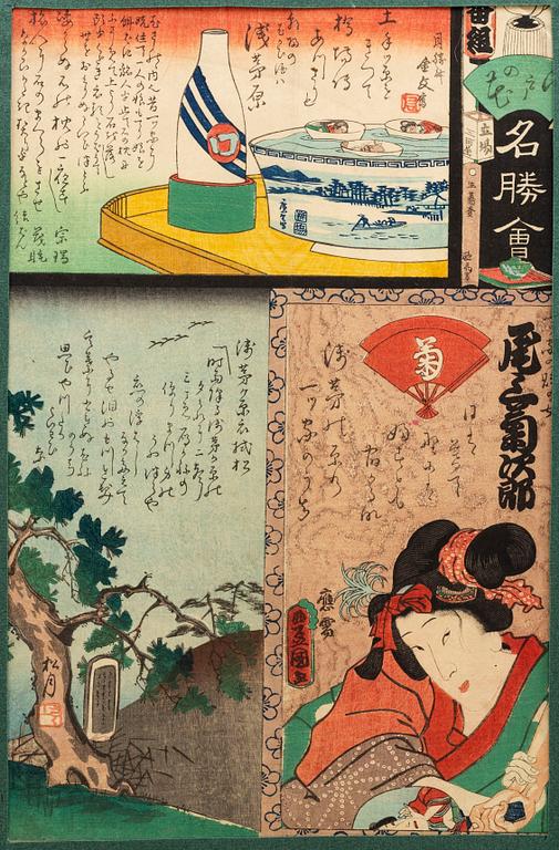 UTAGAWA KUNISADA, (1786–1864), four colored woodblock prints. Japan, 19th century.