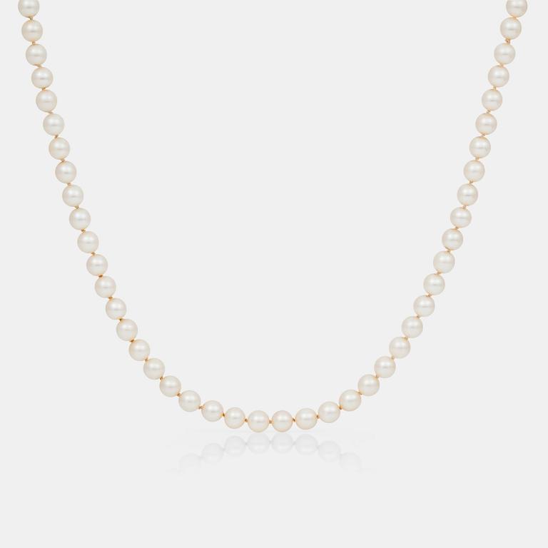A cultured Mikimoto pearl necklace with a gold and diamond clasp.