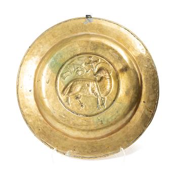 A Historismus brass baptism dish, 19th century.