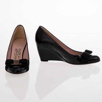 Salvatore Ferragamo, A Pair of Black Patent Leather Wedge Pumps, size 5.5.