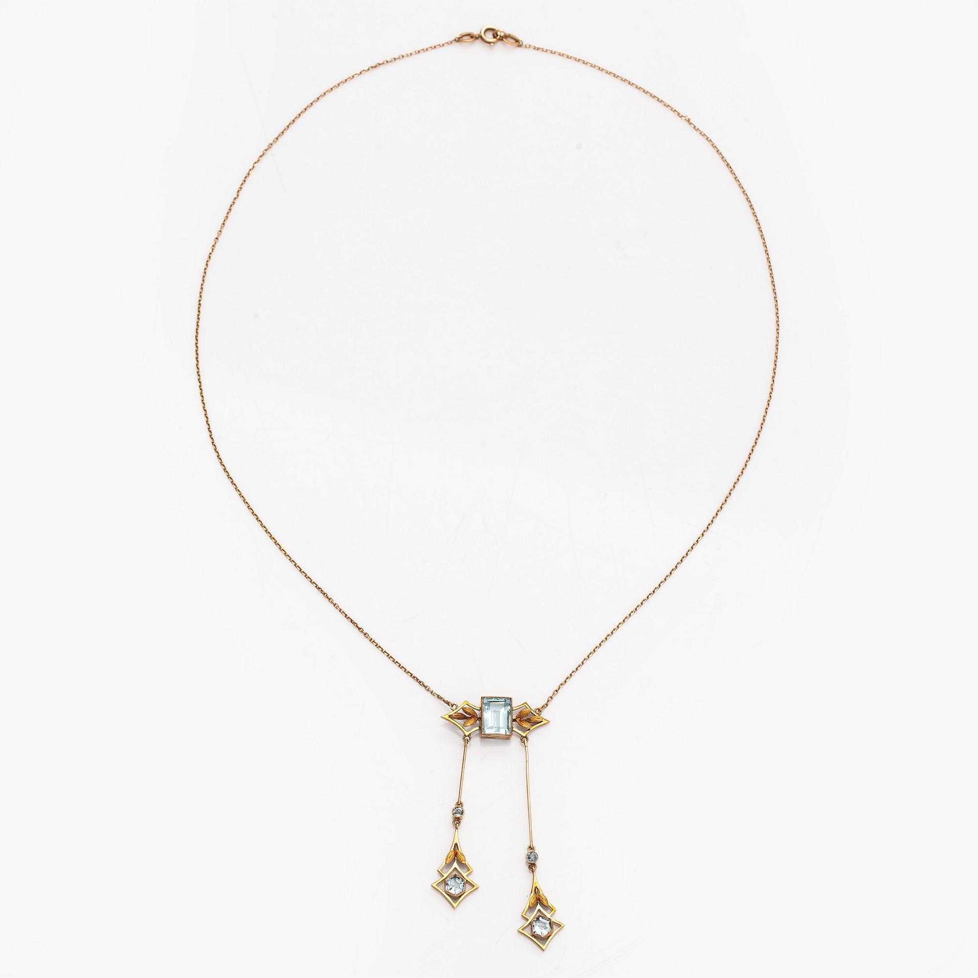 Kaulakoru, viistehiotut akvamariinit, 14K (56) kultaa, Venäjä.