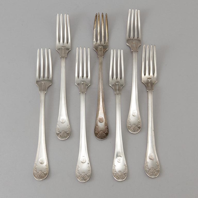 Seven Swedish Empire silver table forks by Johan Petter Grönvall in Stockholm 1828.