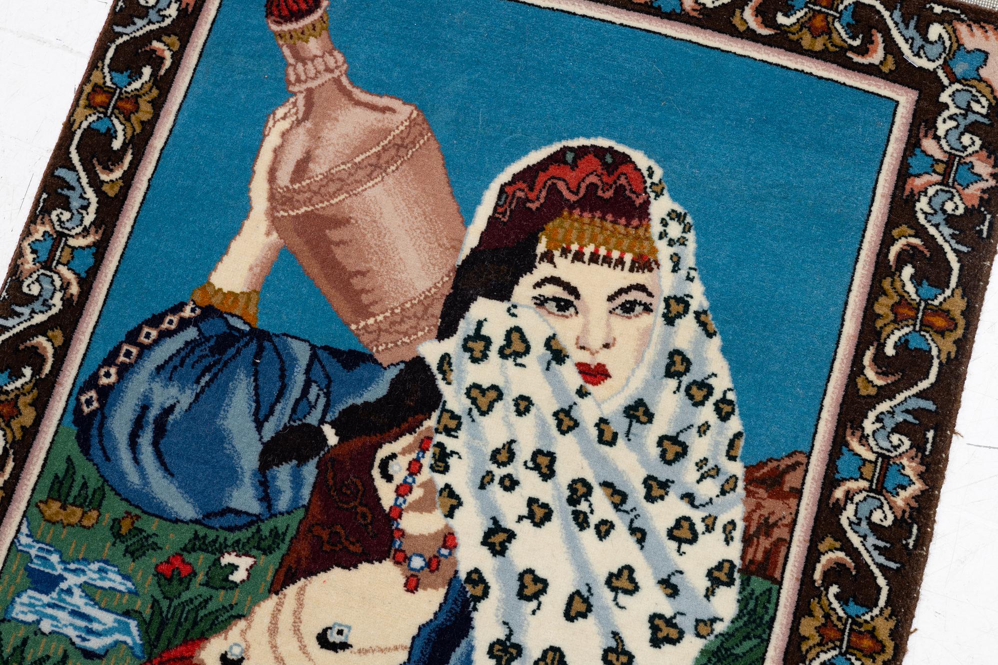 An oriental, figural rug, c. 64 x 50 cm.