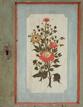 Hängskåp, allmoge, målat av Jöns Månsson, Forsa, Hälsingland, daterat 1793.