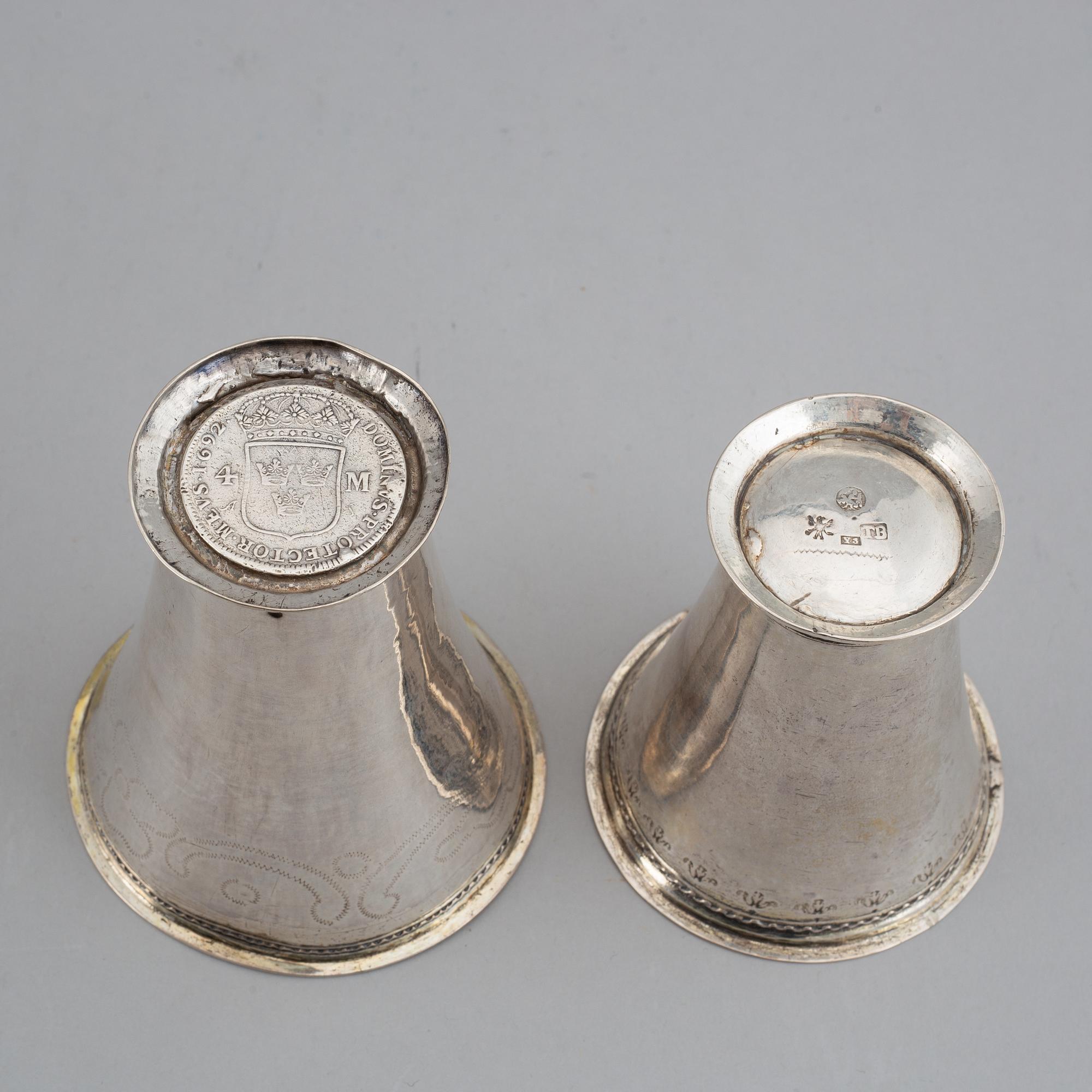 Two swedish 18th century silver beakers,  Thomas Beckman dy, Örebro, and Henrik Köhler, Vadstena.