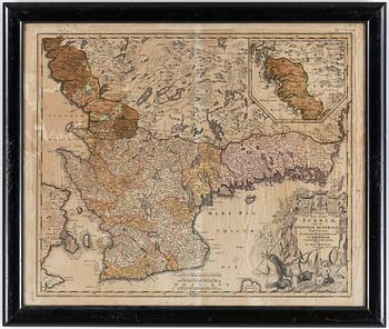 Johann Baptist Homann · JOHANN BAPTIST HOMANN, handkolorerad etsning, karta över Skåne, 1700-tal.