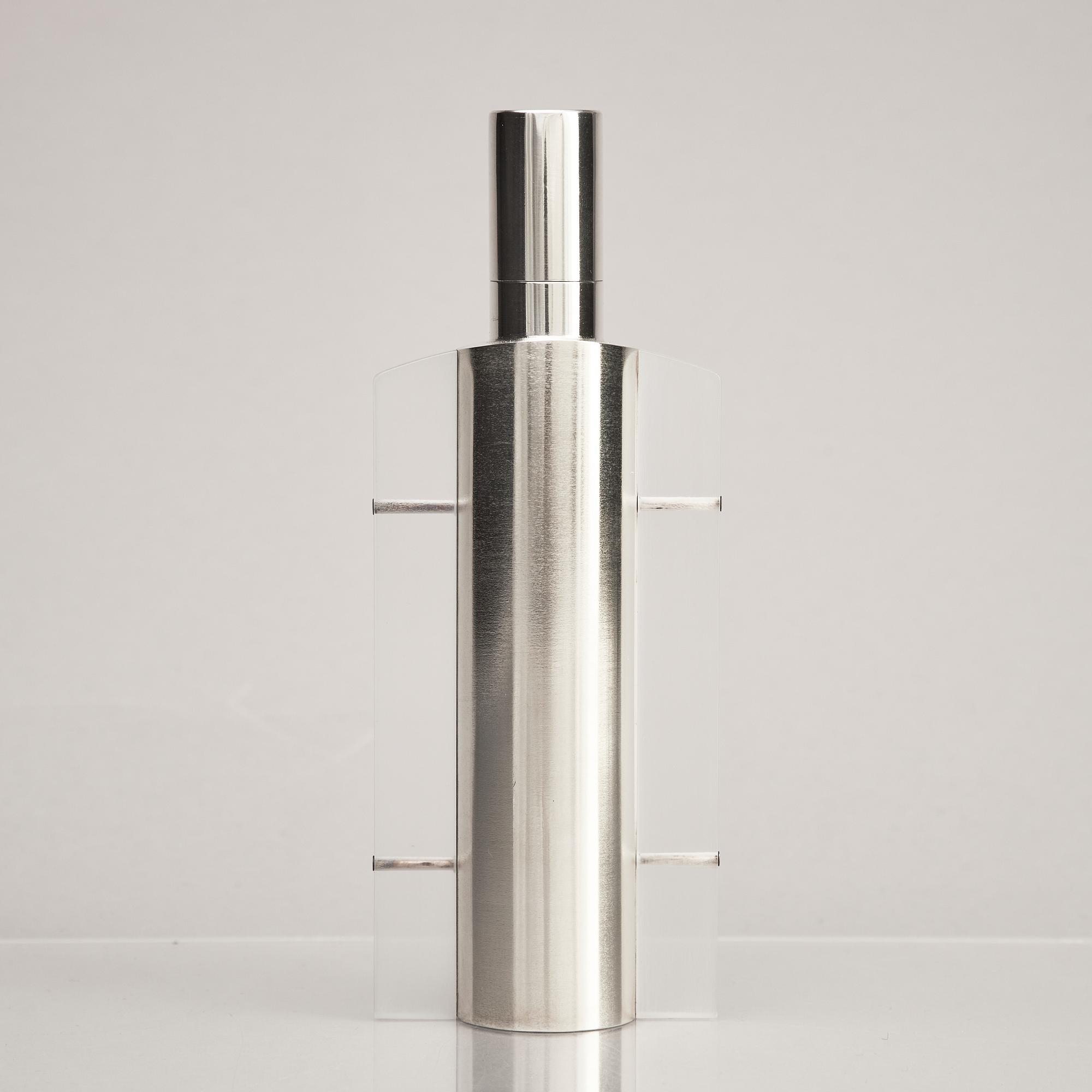 A sterling silver and acrylic bottle with lid, mark of Rolf Lindståhl, Stockholm 2003.