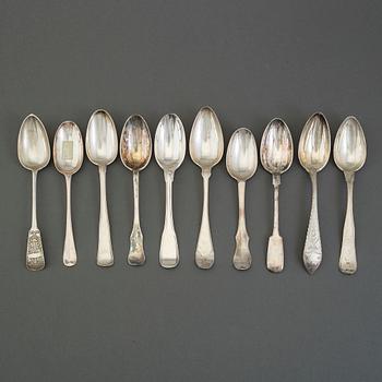 10 18th and 19th century silver spoons from Denmark, Russia, Britiain and Sweden.