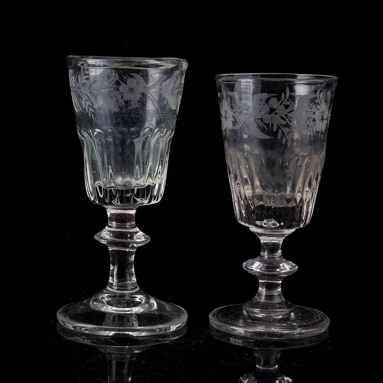 A matched set with a bottle and 11 glasses, 19th Century.