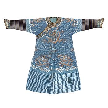 A five clawed dragon kesi robe on blue ground, Jifu, Qing dynasty, 19th Century.