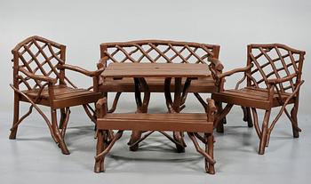 TRÄDGÅRDSMÖBLEMANG, s k Grenmöbler, 5 delar, 1900-tal.