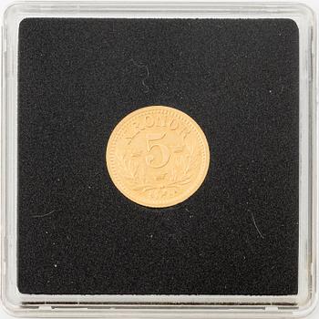 Guldmynt, Oscar II, 5 Kr, typ I, Sverige 1882.