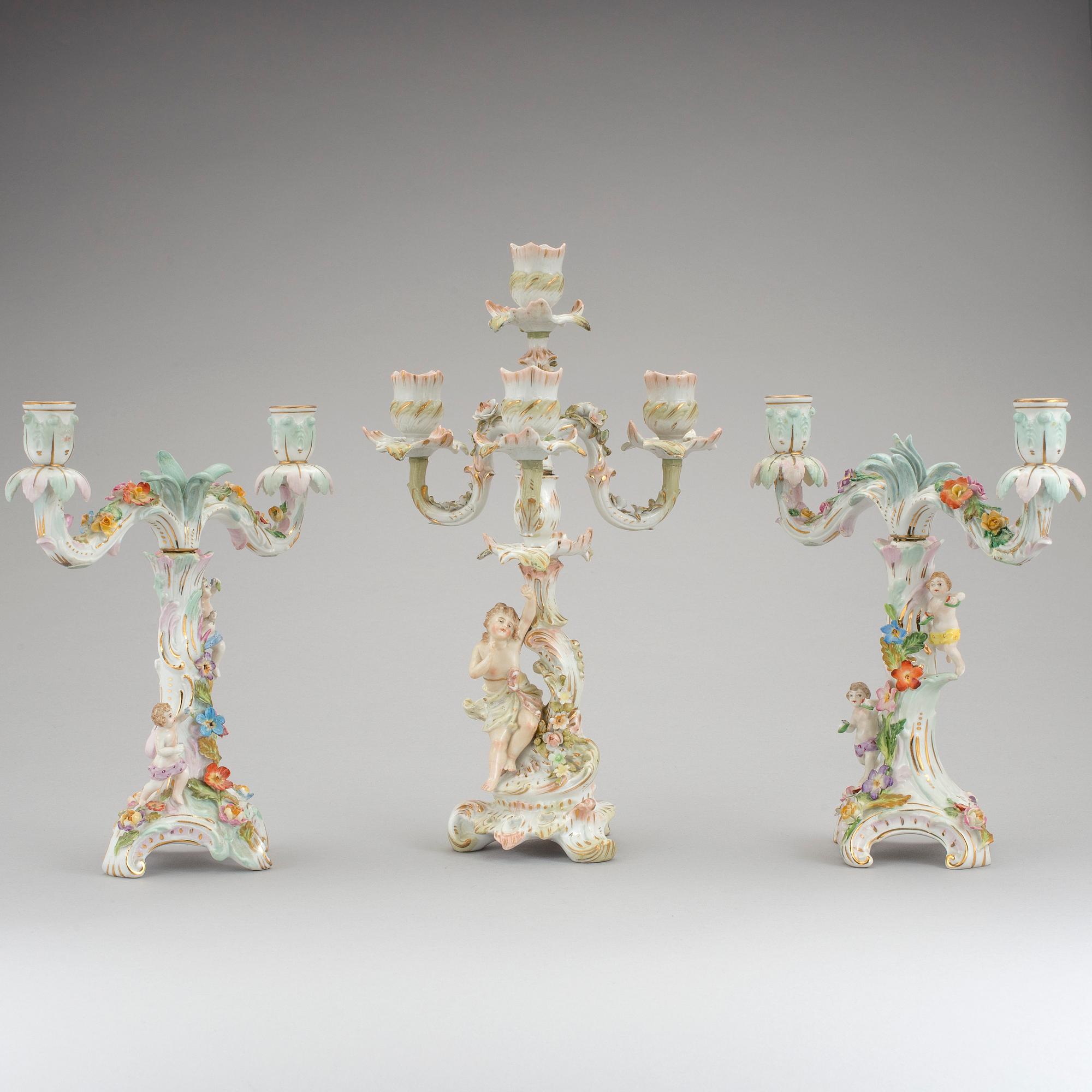 3 porcelain candelabra, Sitzendorf & Dresden, 19th and 20th century.