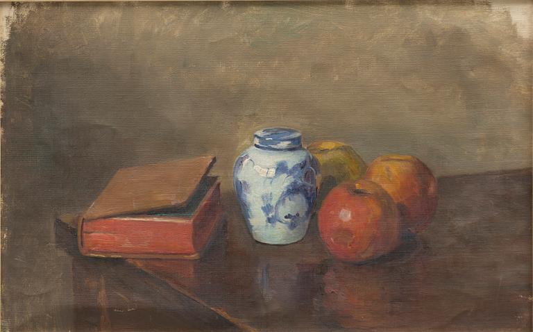 Edward Hald, Still life with a boar, apples, and a book.