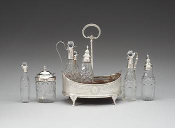 An English 18th century silver and glass cruet-set, unidentified makers mark, London 1797.