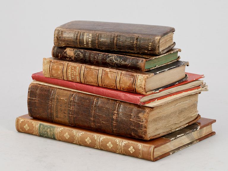 BOKPARTI OM UPPSALA, 7 delar, bla "Utkast till Beskrifning om Upsala" I-II i en vol, av Joh.B. Busser, Uppsala 1769-1773.
