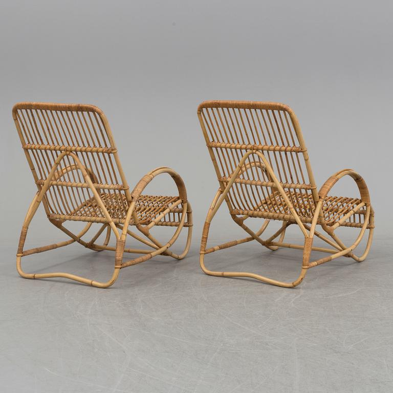 A pair of bamboo and rattan easy chairs, 1940's/50's.