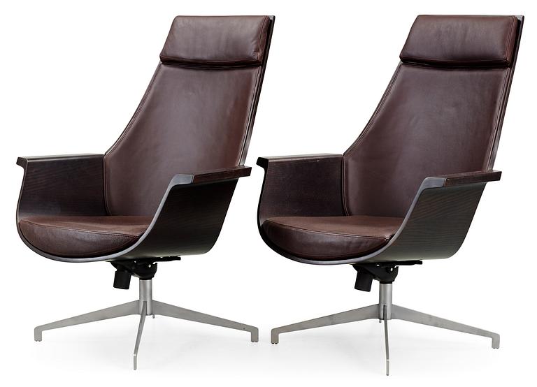 A pair of Jorge Pensi 'Bkai' brown lether and aluminium armchairs,