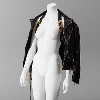 MOSCHINO, a black leather jacket, Italian size 48.