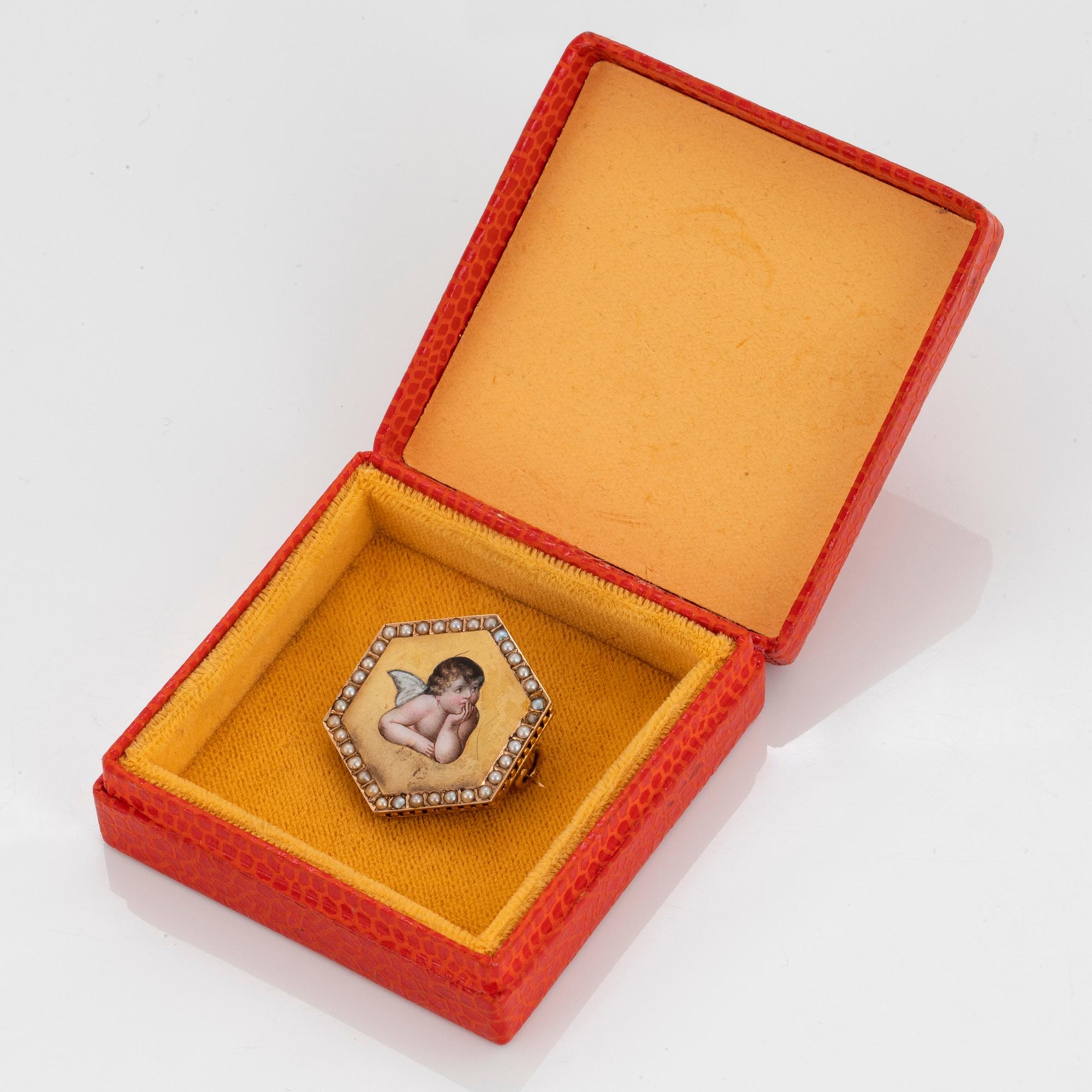 Brosch 14K guld med pärlor samt målning, 1800-tal.