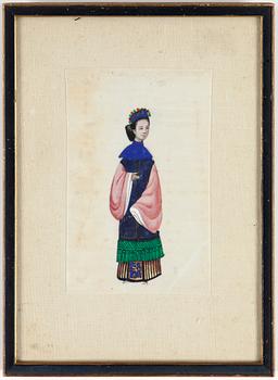 A set of 3 export gouaches on pith paper, portraying amongst others the Chinese court, Qing dynasty, late 19th Century.