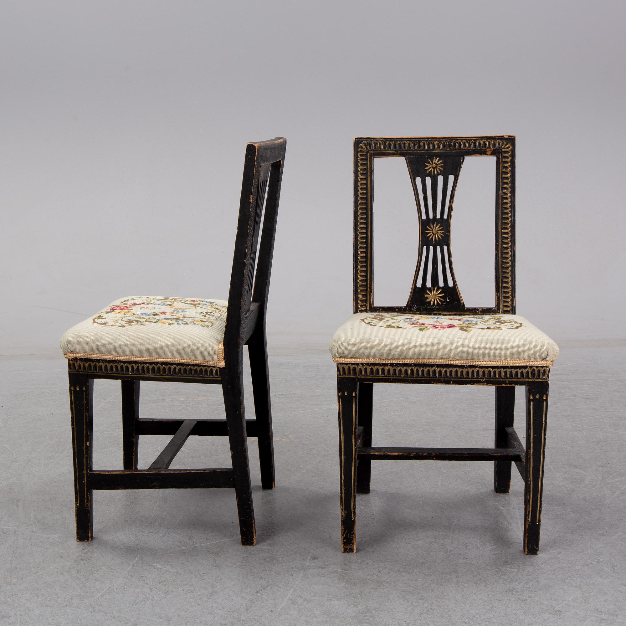 A pair of gustavian armchairs and a pair of gustavian chairs, ca 1800.