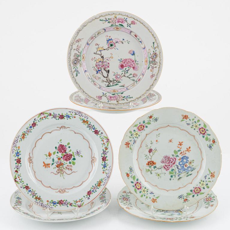 Three pairs of Famille rose plates, China, 18th century.